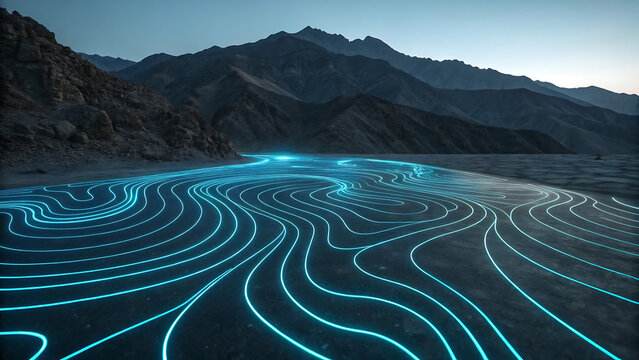Abstract Cyberpunk Neon Grid Mapping on Desert Ground at Dusk, Futuristic Glowing Blue Topographic Lines in Dark Mountain Valley