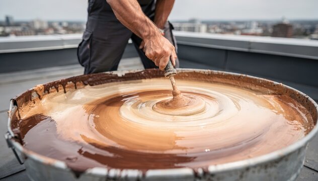 Medium shot captures tinted elastomeric roof coating being blended emphasizing seamless color customization and enhanced flexibility for weatherproof roofing solutions.
