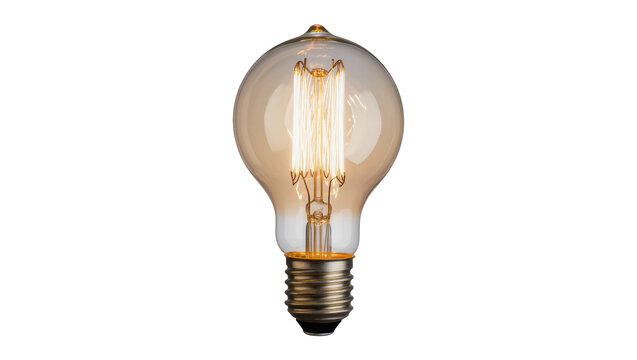 Edison incandescent light bulb with glowing filament, isolated on transparent background