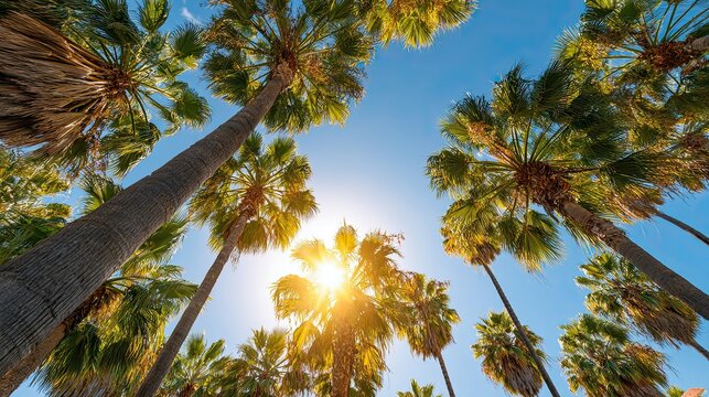 Low Angle Shot of Palm Trees under Sunlight with Clear Blue Sky, Tropical Greenery Vacation Landscape, Summer Natural Light Element for Travel Poster Design