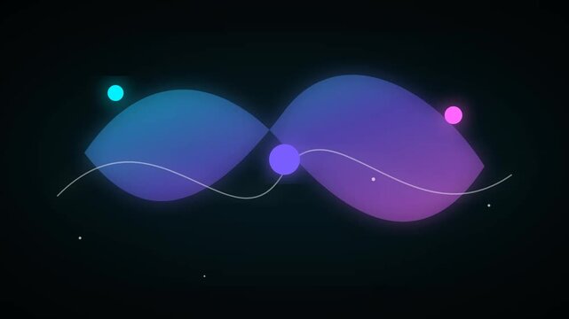 Abstract neon glowing infinity shape with dots and wavy lines on a dark background