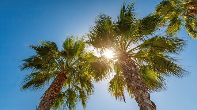 Low Angle Shot of Palm Trees under Sunlight with Clear Blue Sky, Tropical Greenery Vacation Landscape, Summer Natural Light Element for Travel Poster Design