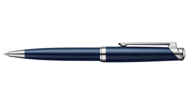 Elegant metallic blue ballpoint pen with silver accents, isolated on transparent background