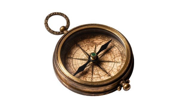 Antique brass compass with detailed map face, isolated on transparent background