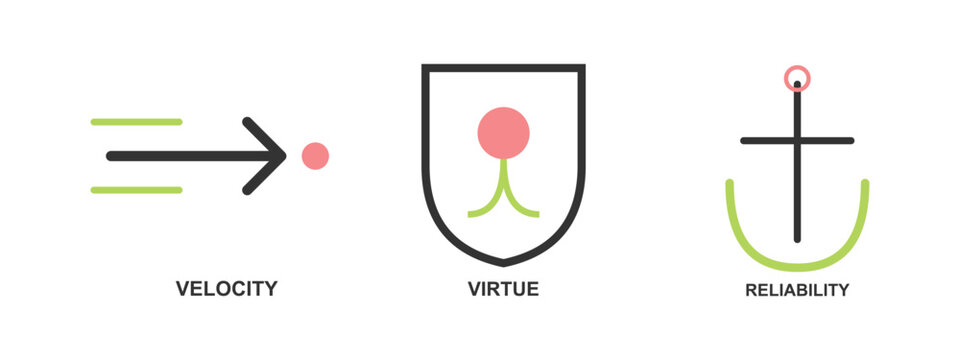 Set of abstract icons representing business concepts like velocity virtue and reliability.