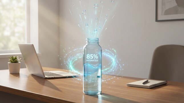 A smart glass water bottle on an office desk showing eighty five percent hydrated digital status with glowing water splashes.