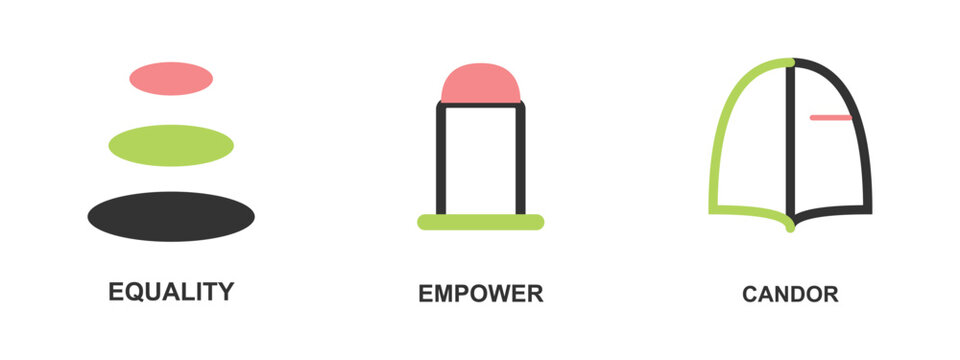 Icons representing equality empower and candor for business and personal growth principles.