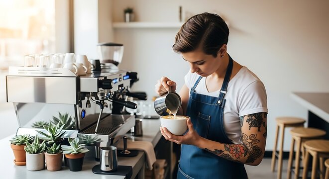 Barista pouring milk into coffee cup to make latte art in cafe