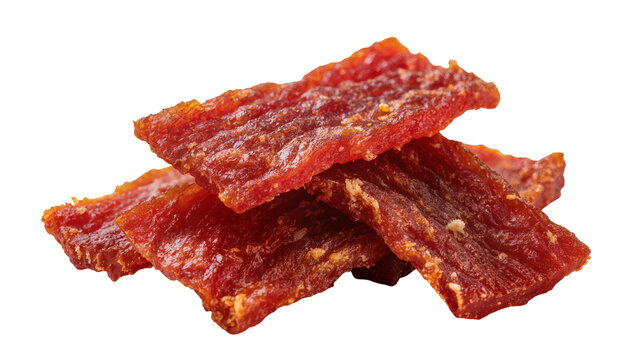 Pile of savory red meat jerky strips seasoned with spices, isolated on transparent background