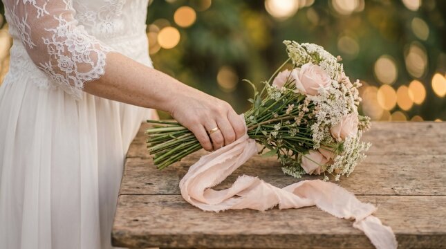 A side view of a bride in a lace wedding dress resting a rustic rose bouquet with long silk ribbons on a weathered wooden table, set against warm garden bokeh.