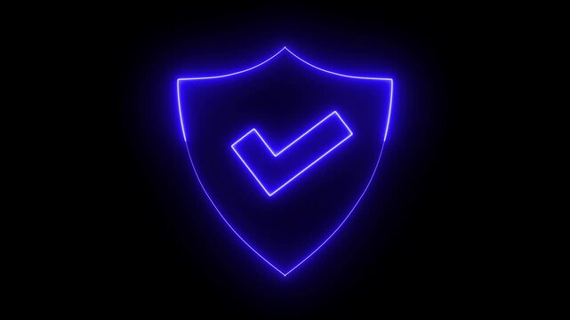 Glowing neon security shield with checkmark signifies protection and validation. shield security animation showing glowing check mark icon for digital safety protection, signifying security protection