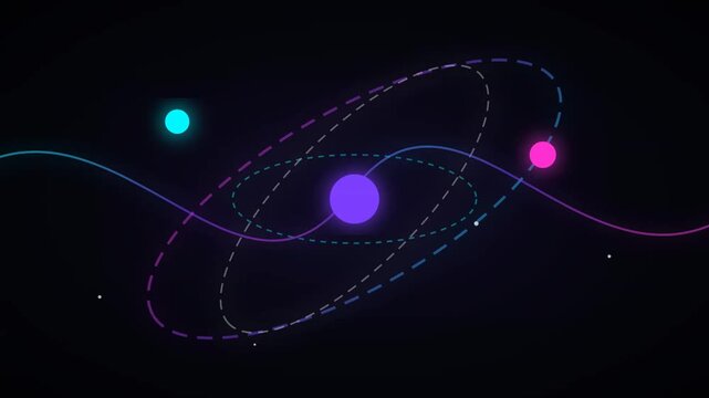 Abstract atom structure with glowing colorful particles and orbital lines on a dark background
