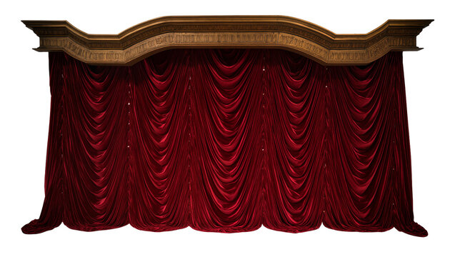 Ornate golden pelmet above rich red velvet stage curtains, isolated on transparent background