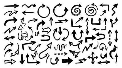 Obraz premium Diverse hand-drawn black doodle arrows in various styles and directions on a clean white background, representing user interface navigation and illustrating dynamic infographic content