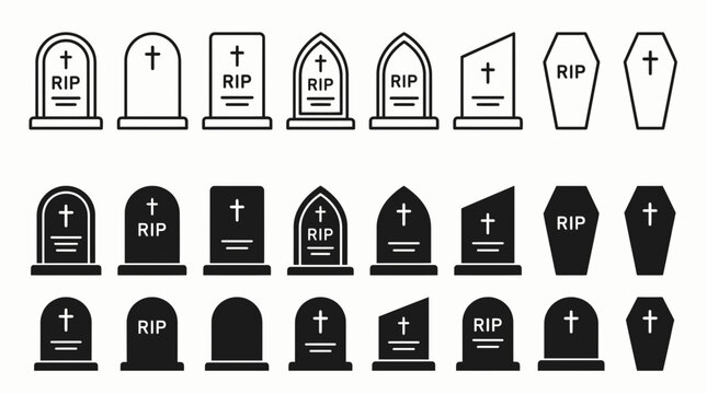 Diverse tombstone and coffin vector icons, outline and solid styles, with crosses and "RIP" text, symbolizing death, burial and memorial themes, illustrating concepts for Halloween and mourning