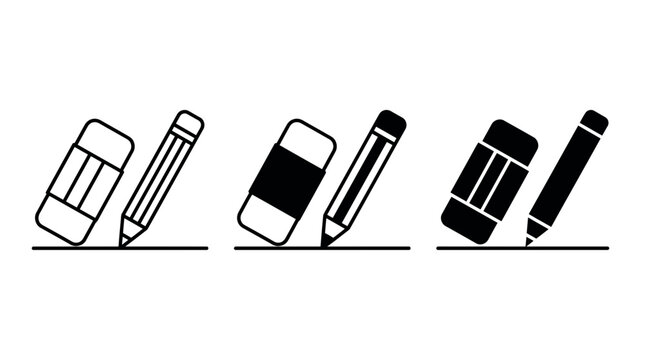 Minimalist vector icons of pencils and erasers in line, duotone and solid styles on a clean white background, Symbolizing essential tools for learning and creative correction in various contexts