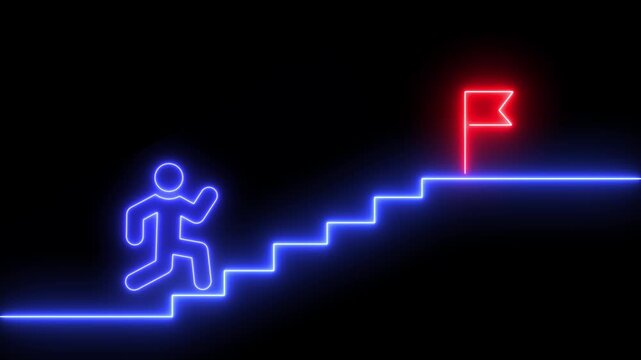 Climbing Stairs Towards Success flag animation. Glowing neon animation of man or person climbing stairs to reach a goal flag. Glowing neon light target success flag icon animation.