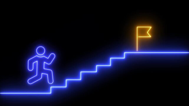 Climbing Stairs Towards Success flag animation. Glowing neon animation of man or person climbing stairs to reach a goal flag. Glowing neon light target success flag icon animation.