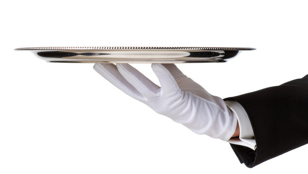 White gloved hand holding ornate silver serving tray, isolated on transparent background