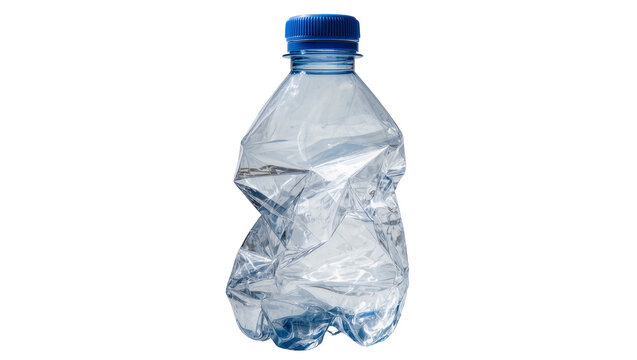 Crushed clear plastic water bottle with blue cap, isolated on transparent background