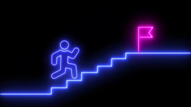 Climbing Stairs Towards Success flag animation. Glowing neon animation of man or person climbing stairs to reach a goal flag. Glowing neon light target success flag icon animation.
