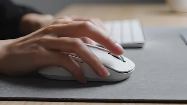 Closeup of a persons hands using a computer mouse and keyboard.