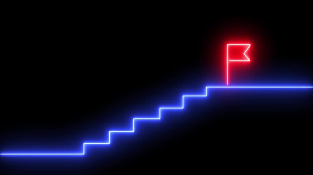 Glowing neon stairs sign with flag icon animation. Neon glowing Person Climbing Stairs Towards Success flag, Glowing neon light target icon animation. Military training, Crosshair, gun aim, sniper