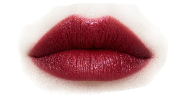 Deep red matte lipstick on full lips, isolated on transparent background