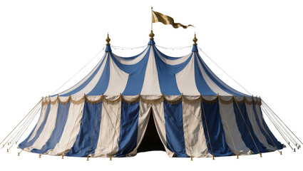Grand blue and white striped circus tent with gold trim, isolated on transparent background © Aliona