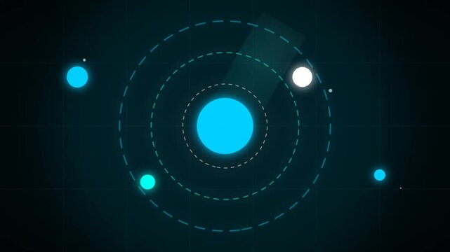 Abstract glowing circles and orbiting planets on a dark black space background