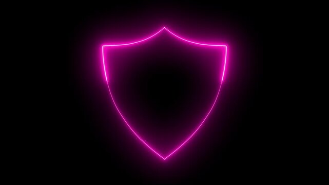 Bright neon security neon frame with tones on isolated black background. Alpha channel Premultiplied 4K animation video. Shield neon icon 