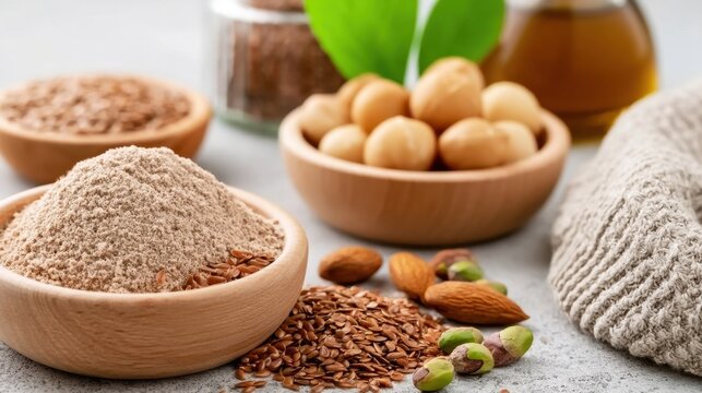 Close-up of natural health food ingredients including brown flaxseed powder, whole nut, shelled seed, and almond on light textured surface with rustic textile