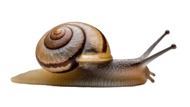 Brown banded garden snail with coiled shell, isolated on transparent background