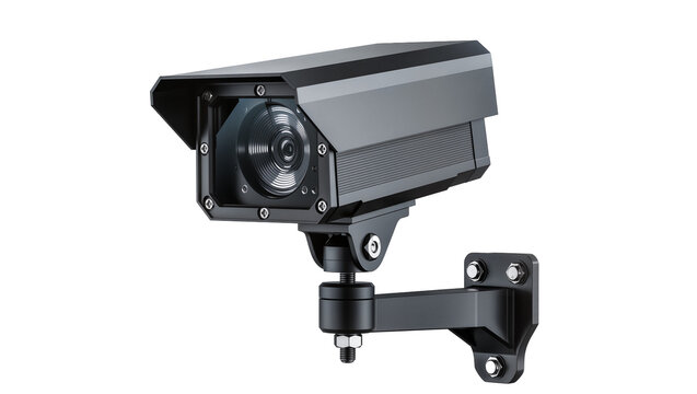 Dark gray security camera with adjustable bracket, isolated on transparent background