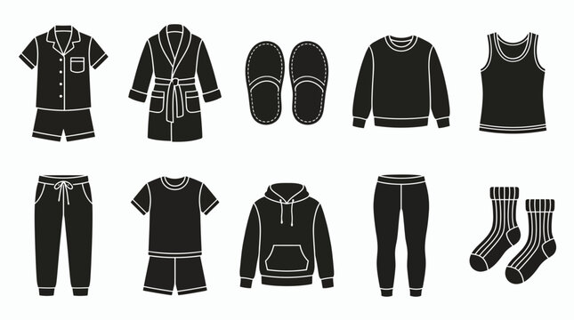 Black silhouette vector icons of sleepwear and loungewear essentials like pajamas, robe, slippers, sweatshirt and socks on white, representing comfort fashion and retail inventory