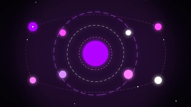Abstract glowing purple circles and dots on a dark background with digital orbit lines