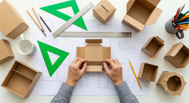 Cardboard packaging design process, hands folding paper box prototype on blueprint, industrial product development and sustainable branding mockup