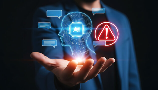 AI risk management concept with businessman holding artificial intelligence brain