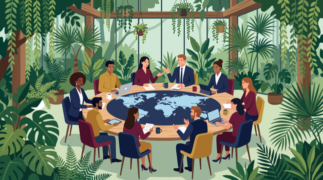 Diverse business professionals in a lush green, plant-filled boardroom discussing around a table with a world map, symbolizing global collaboration and sustainable business practices