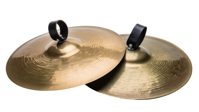 Pair of brass cymbals with black leather straps, isolated on transparent background