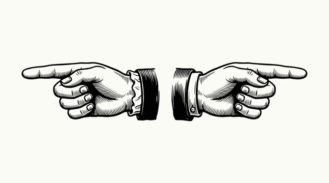 Detailed vintage engraving of two hands pointing in opposite directions with elegant cuffs, symbolizing choice and illustrating important directional guidance