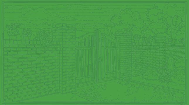 Gate with brick pillars creates a classic entrance in this green monochromatic line art illustration.