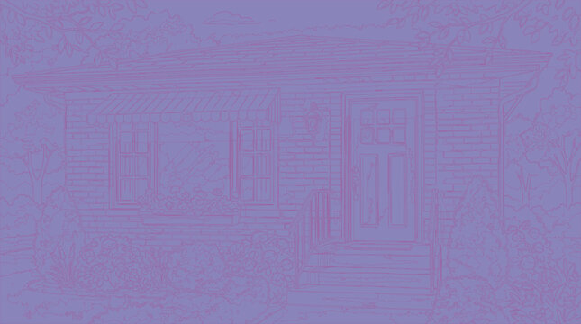 House facade line art is displayed in a monochromatic purple schematic style.