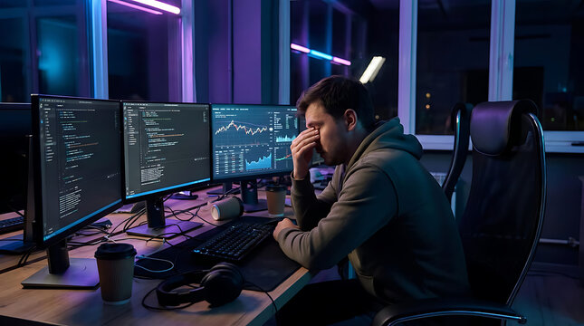 A stressed man sitting at a desk with multiple computer monitors in a dark room
