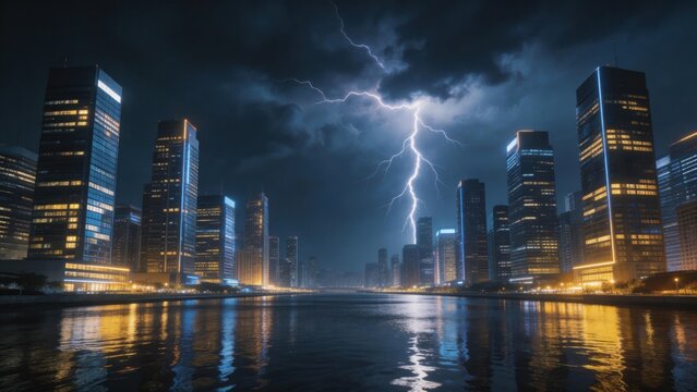 City skyline with lightning at night