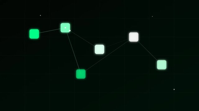 Glowing green digital squares connected by lines forming a network on a dark background