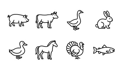 Farm Animals Livestock and Poultry Outline Icon Set Vector © MstNadiya