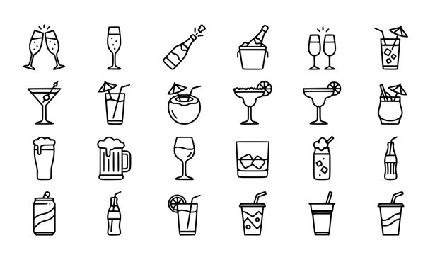 Cocktail Beverage Drink and Bar Outline Icon Collection Vector
