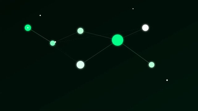 Abstract glowing green dots and lines connecting in a dark digital network constellation pattern