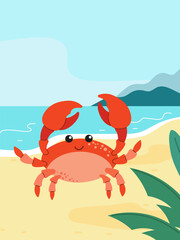 Naklejka premium Crab on the seashore. Cute summer card. Vector image.